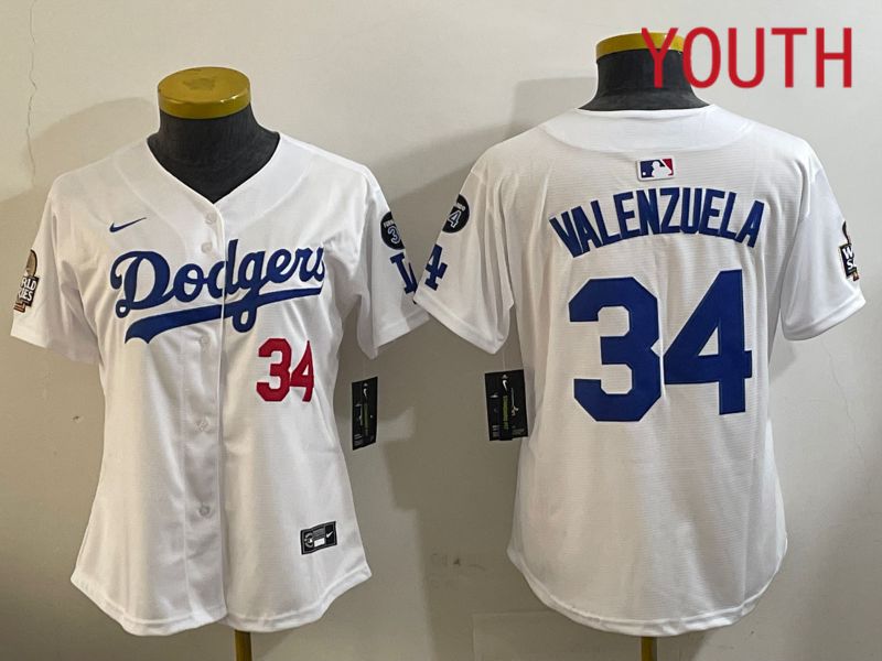 Youth Los Angeles Dodgers #34 Valenzuela White Game 2024 Nike MLB Jersey style 1120->youth mlb jersey->Youth Jersey